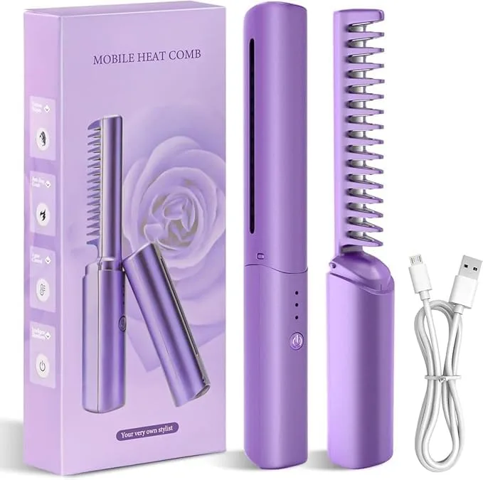 Cordless Portable Hair Straightening Comb with Adjustable Heat Settings & Rechargeable Battery for Smooth, Frizz-Free Styling