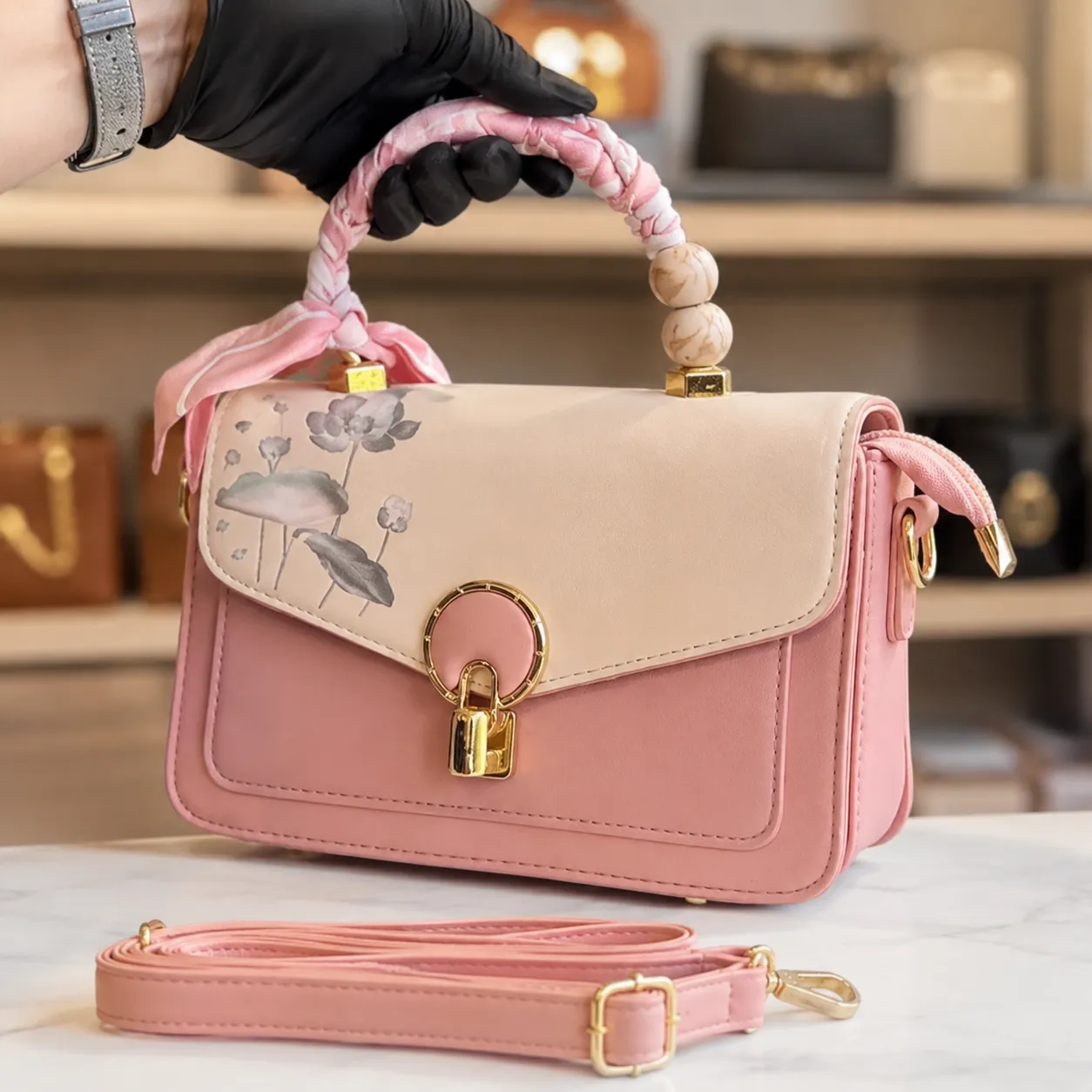 Elegant Floral Top Handle Crossbody Handbag